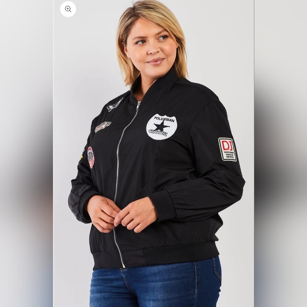 NWT ADORA Black Aviator Retro Patches Bomber Jacket Size 1X